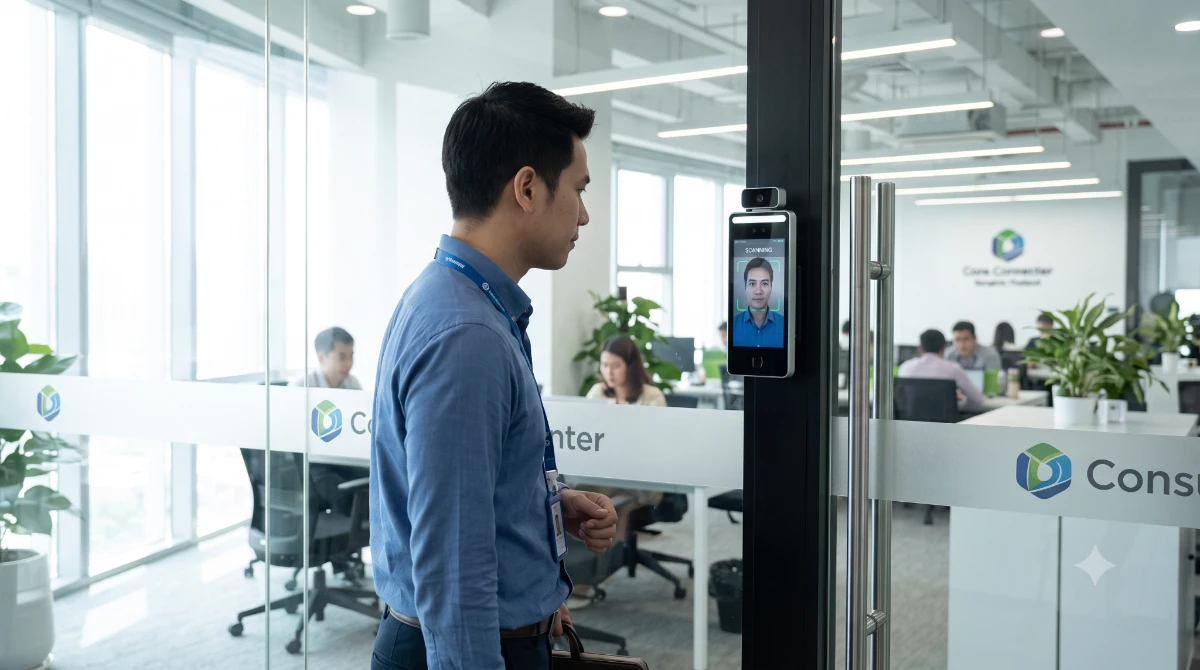 พนักงานกำลังใช้งานเครื่องสแกนใบหน้าก่อนเข้าอาคารสำนักงาน